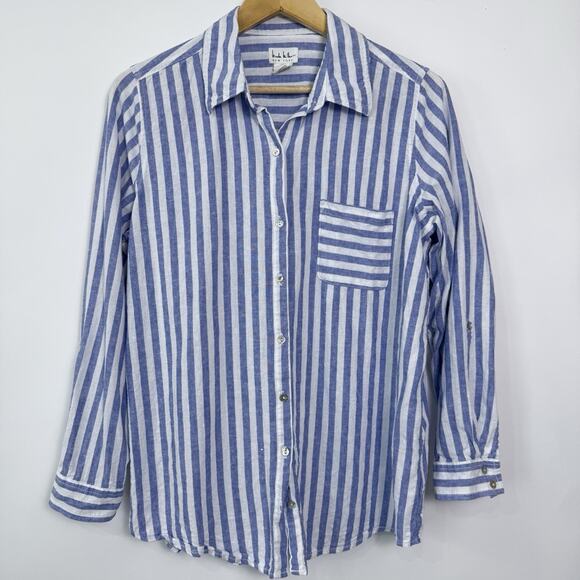 Nicole Miller Linen‎ Blend Button Up Shirt Size M Blue White Striped Roll Tab - Picture 1 of 6